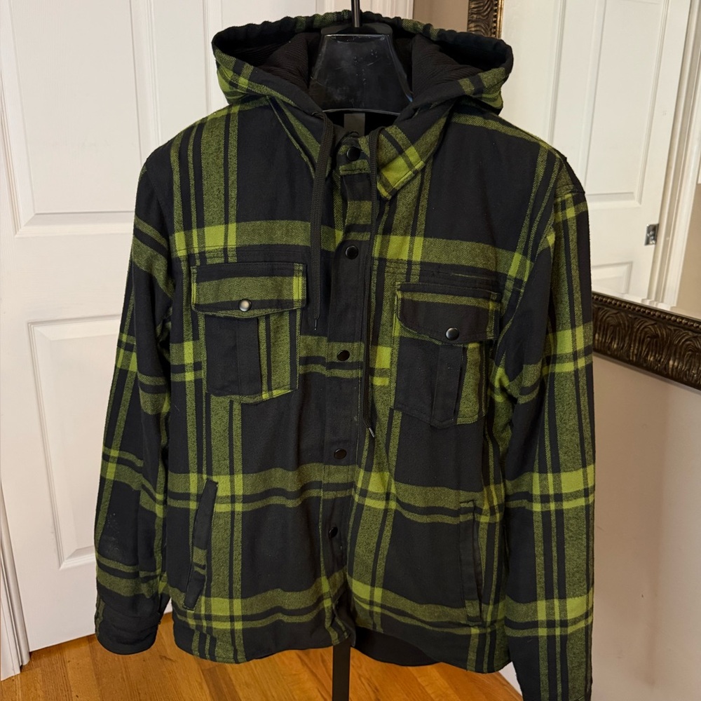Plaid Hooded Men's Motorcycle Jacket in Black and Green